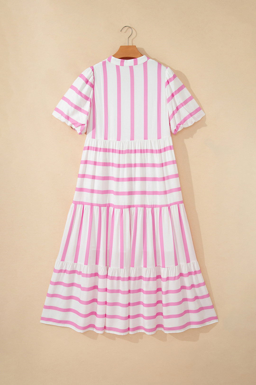 Pink Stripe Ricrac Trim Notched Neck Half Sleeve Vacation Dress