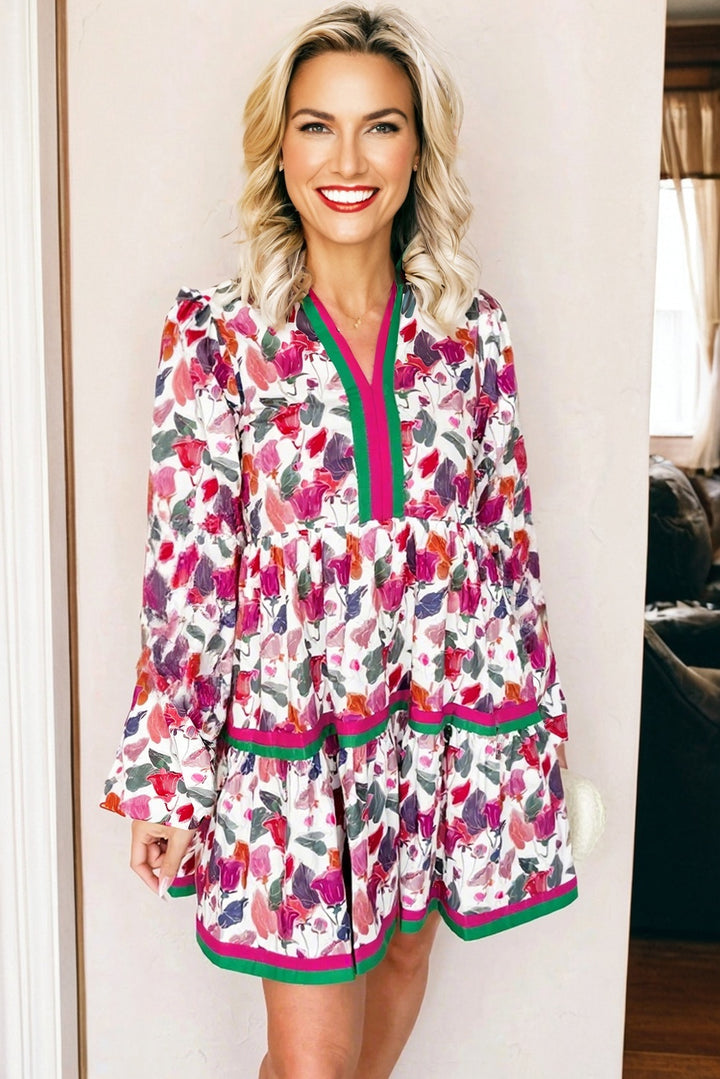 Purple Floral Print Contrast Striped Detail Long Sleeve Mini Dress