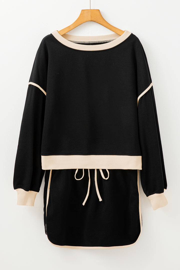 Black Contrast Trim Loose Pullover and Lace-up Waist Skort Set