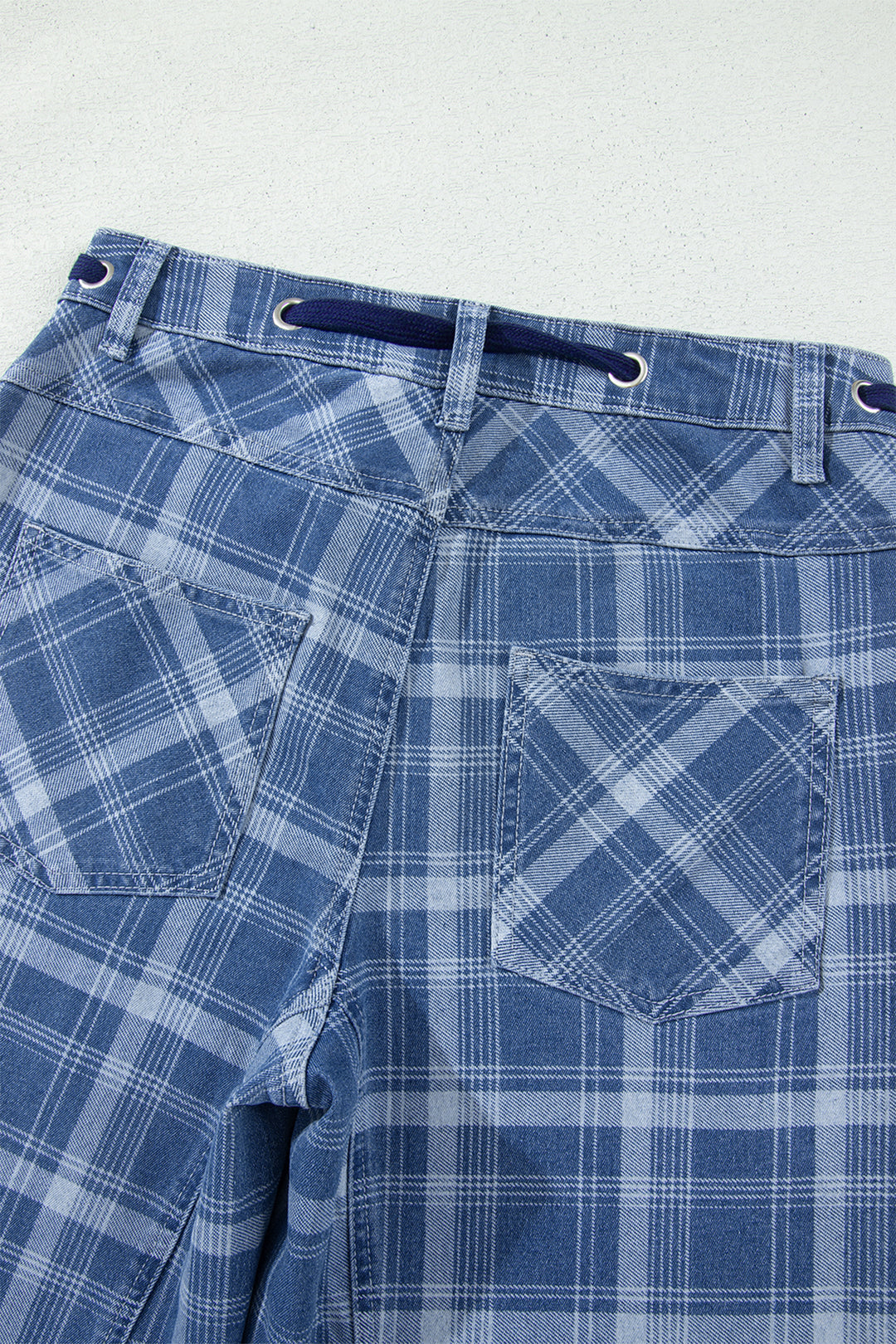 Sky Blue Plaid Denim Grommet Drawstring Waist Ankle-Length Jeans