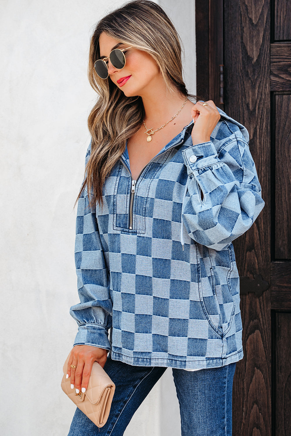 Sky Blue Checkerboard Oversized Zipped Neck Kangaroo Pocket Denim Hoodie