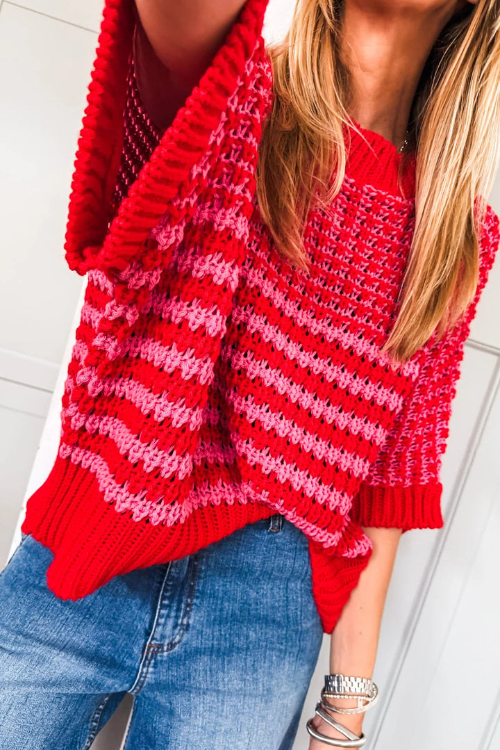 Red Stripe 3/4 Draped Sleeve Slouchy Sweater
