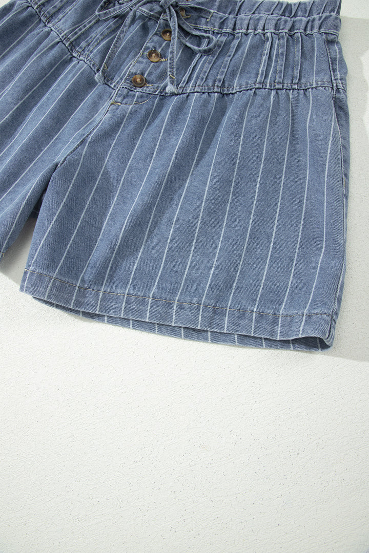 Sky Blue Stripe Drawstring Button Pleated High Waist Denim Shorts