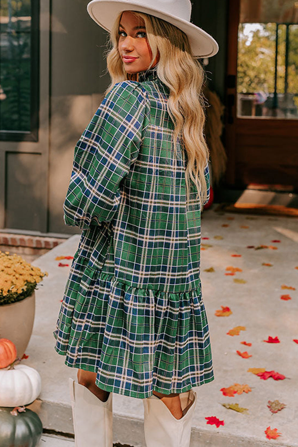 Green Plaid Print Frilly Collar Long Sleeve Shift Mini Dress