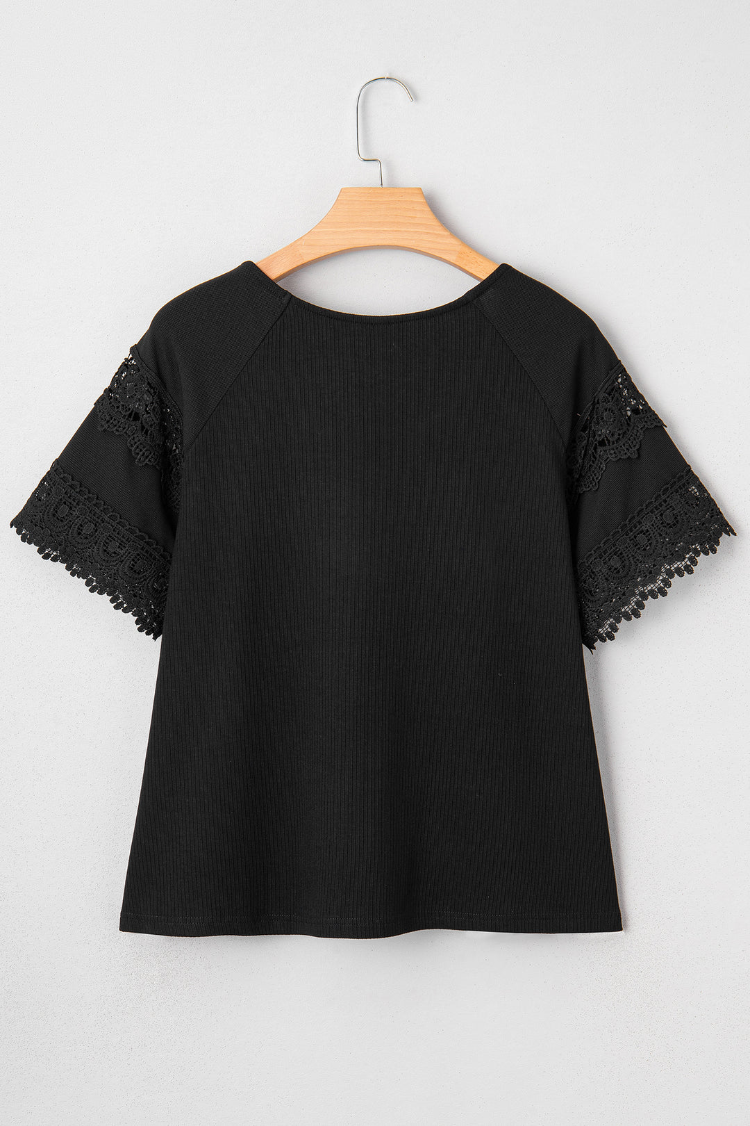 Black Ribbed Lace Patchwork Short Sleeve Top
