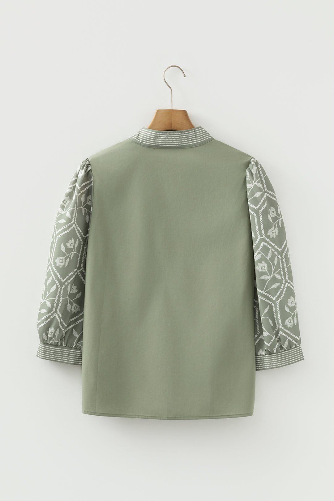 Grass Green Floral Puff Sleeve Contrast V Neck Patchwork Blouse