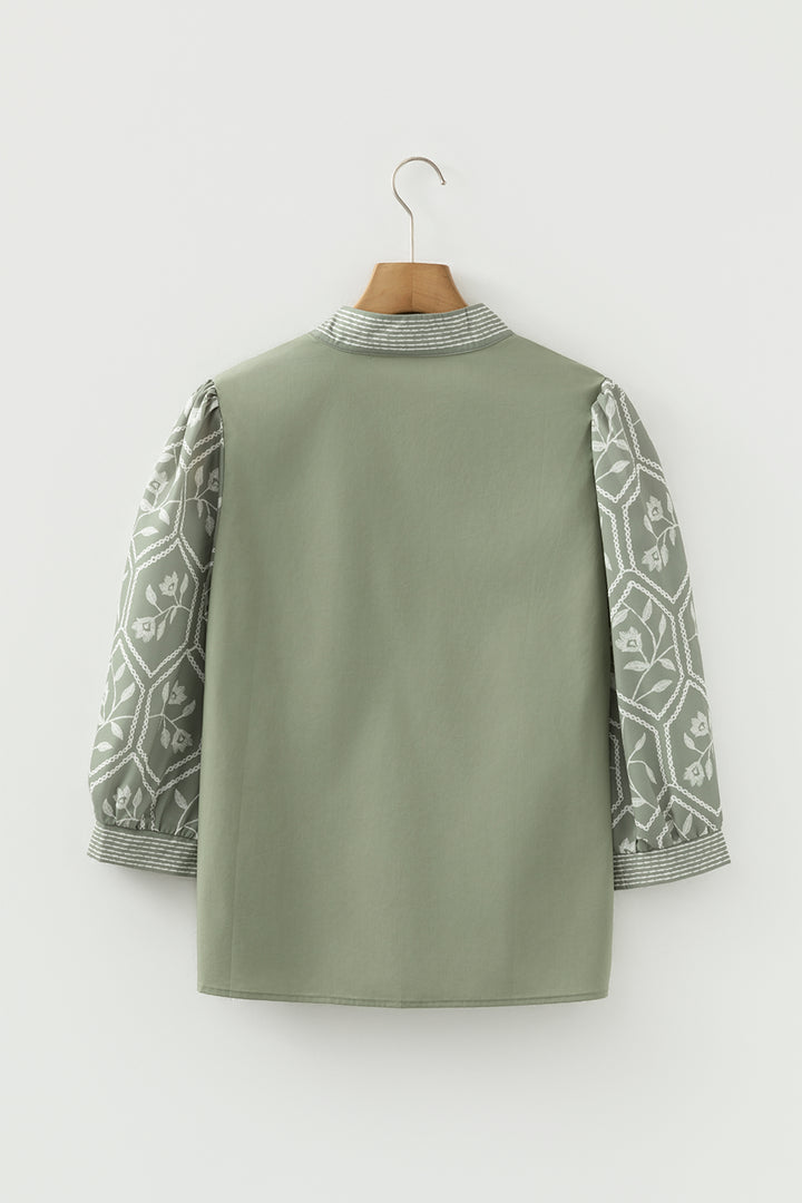 Grass Green Floral Puff Sleeve Contrast V Neck Patchwork Blouse