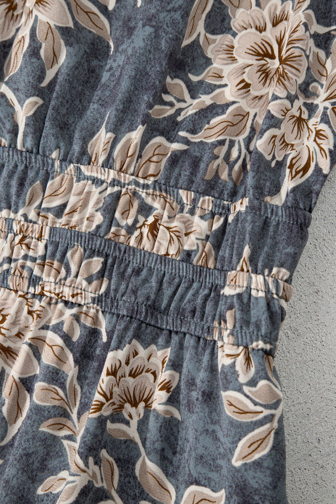 Sky Blue Plus Size Floral Print Split Neck Shirred High Waist Long Sleeve Maxi Dress