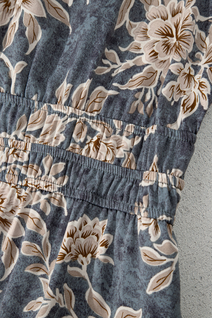 Sky Blue Plus Size Floral Print Split Neck Shirred High Waist Long Sleeve Maxi Dress