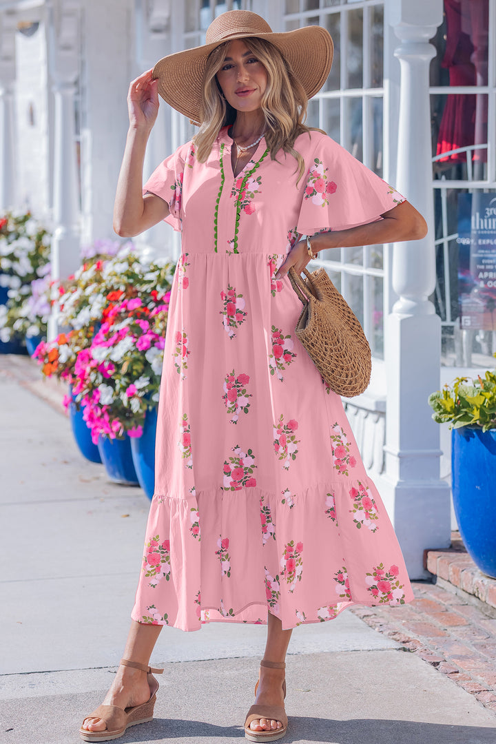 Pink Notched Neck Flutter Short Sleeve Floral Print Maxi Dress