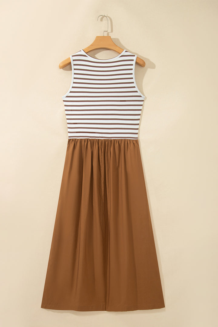 Chestnut Striped Colorblock Patchwork Sleeveless Casual Long Dress