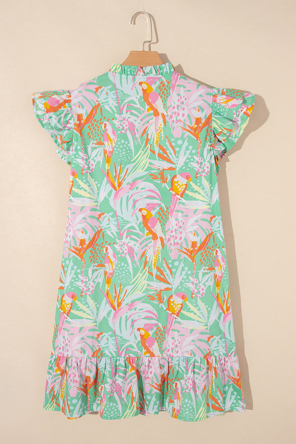 Green 100% Cotton Abstract Floral Ruffle Trim Flutter Sleeve Buttoned Dress