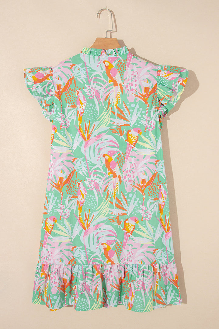 Green 100% Cotton Abstract Floral Ruffle Trim Flutter Sleeve Buttoned Dress