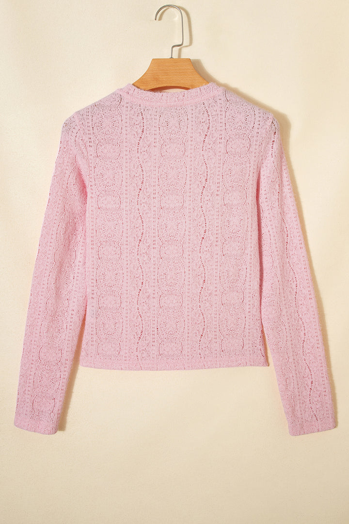 Light Pink Semi Sheer Lace Long Sleeve Cropped Top