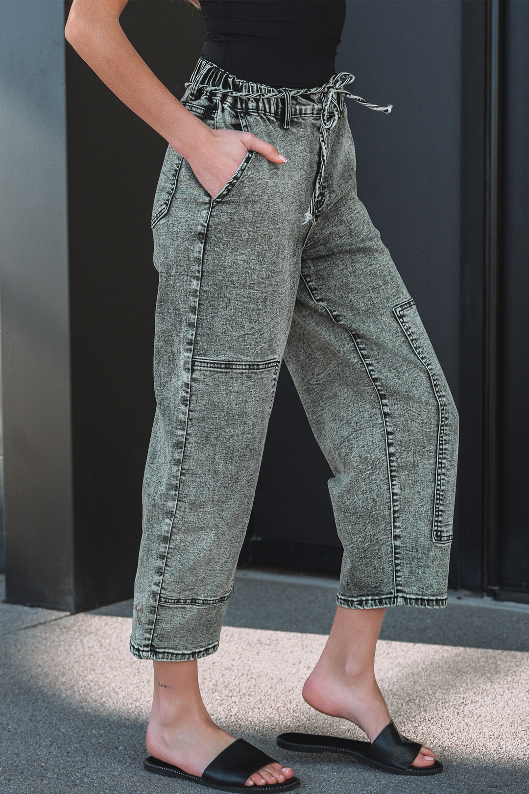 Smoke Gray Acid Wash Tie Waist Denim Pants