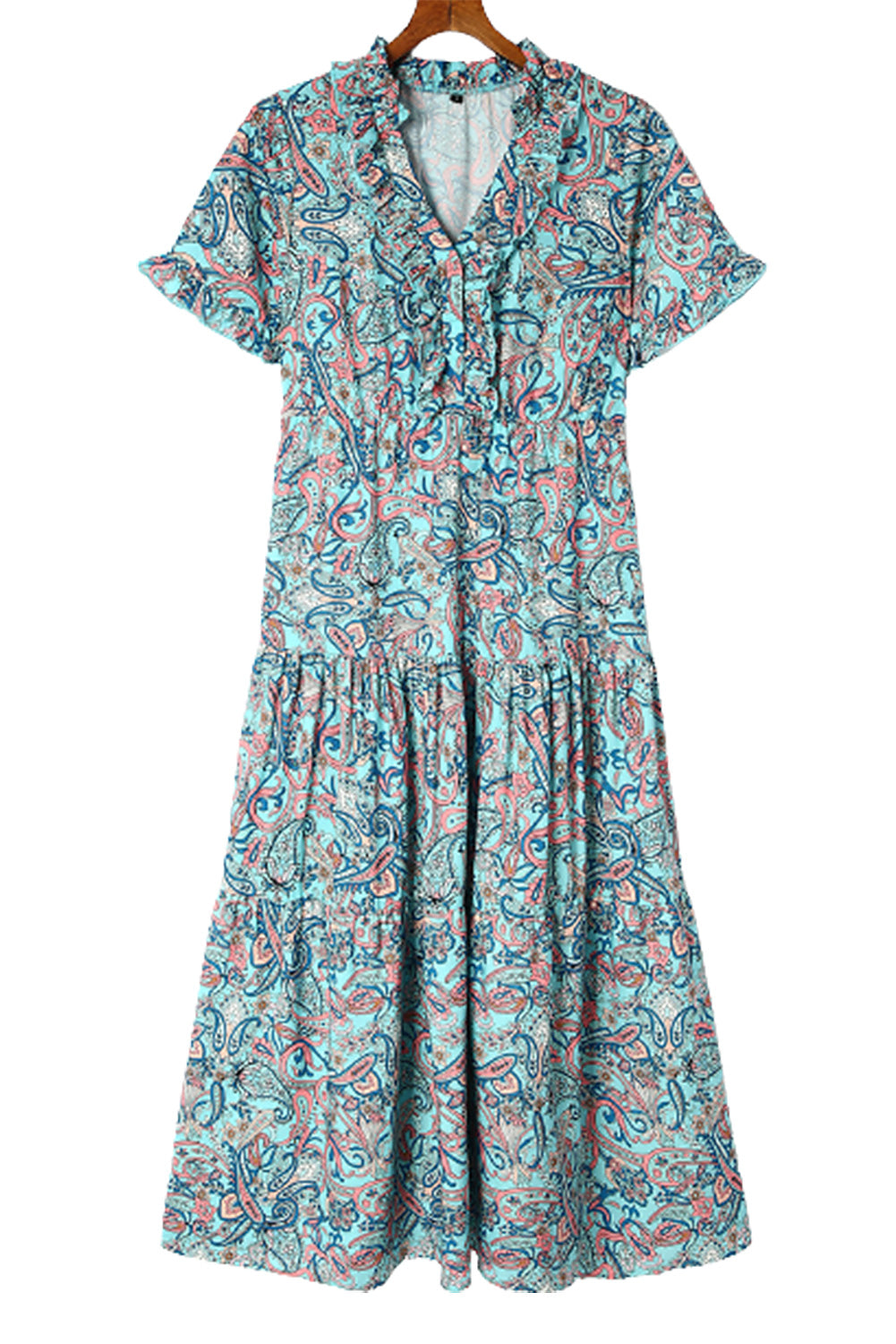 Sky Blue Paisley Print Boho Holiday Ruffle Tiered Maxi Dress