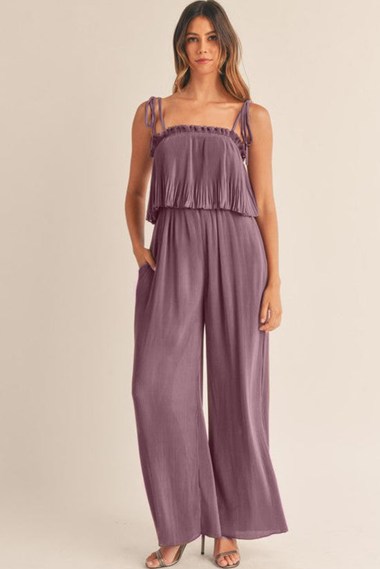 Rose Tan Solid Self Tied Straps Pleated Wide Leg Jumpsuit | Women