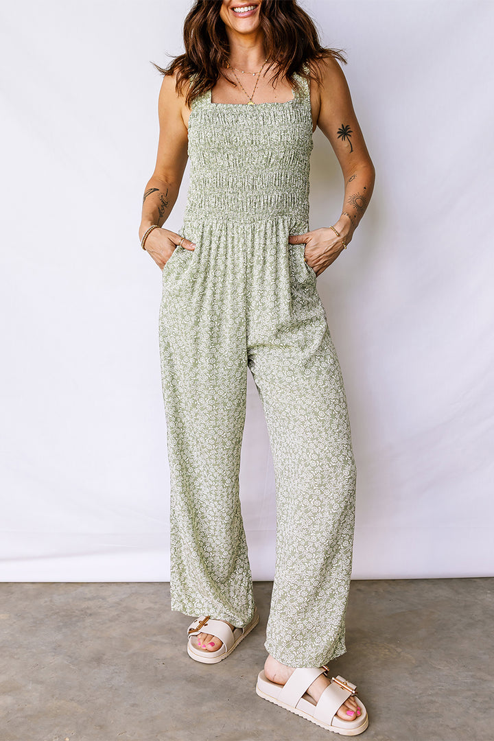 Green Smocked Bodice Square Neck Sleeveless Floral Jumpsuit