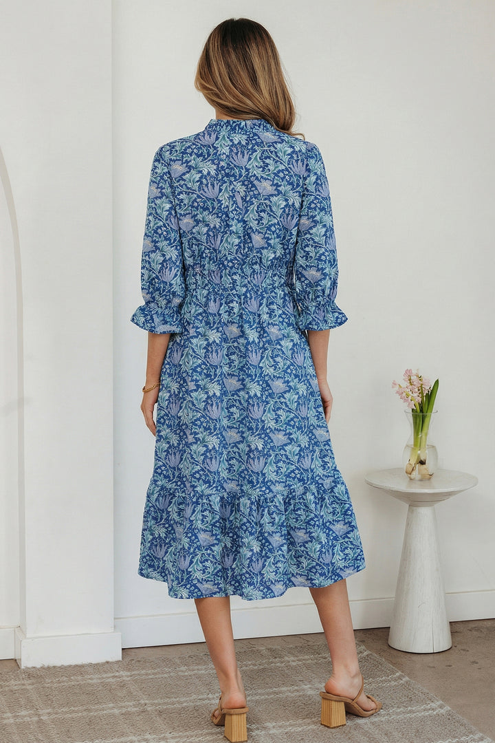 Sky Blue Floral Printed Frilled V Neck Bracelet Sleeve Long Dress
