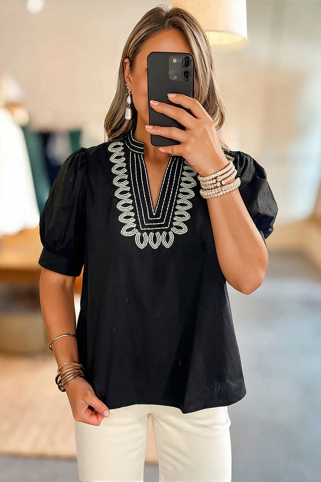Black Short Puff Sleeve Contrast Embroidered Detail V Neck Blouse