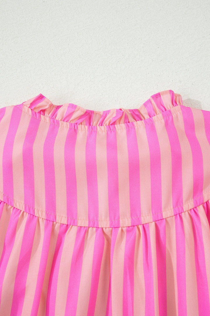 Pink Stripe Split Neck Ruffled Summer Blouse
