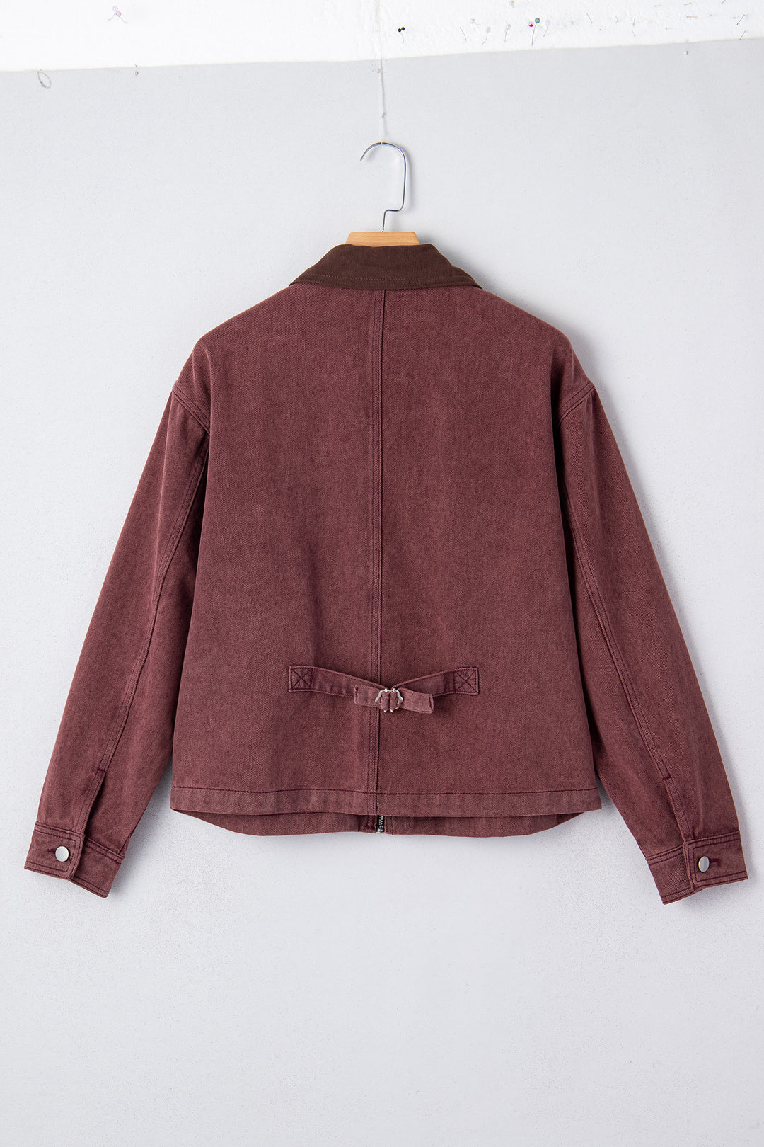Coffee Corduroy Collar Zipped Front Denim Jacket