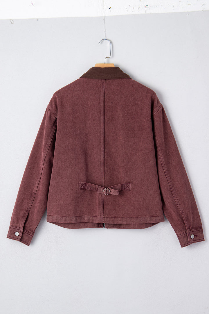 Coffee Corduroy Collar Zipped Front Denim Jacket