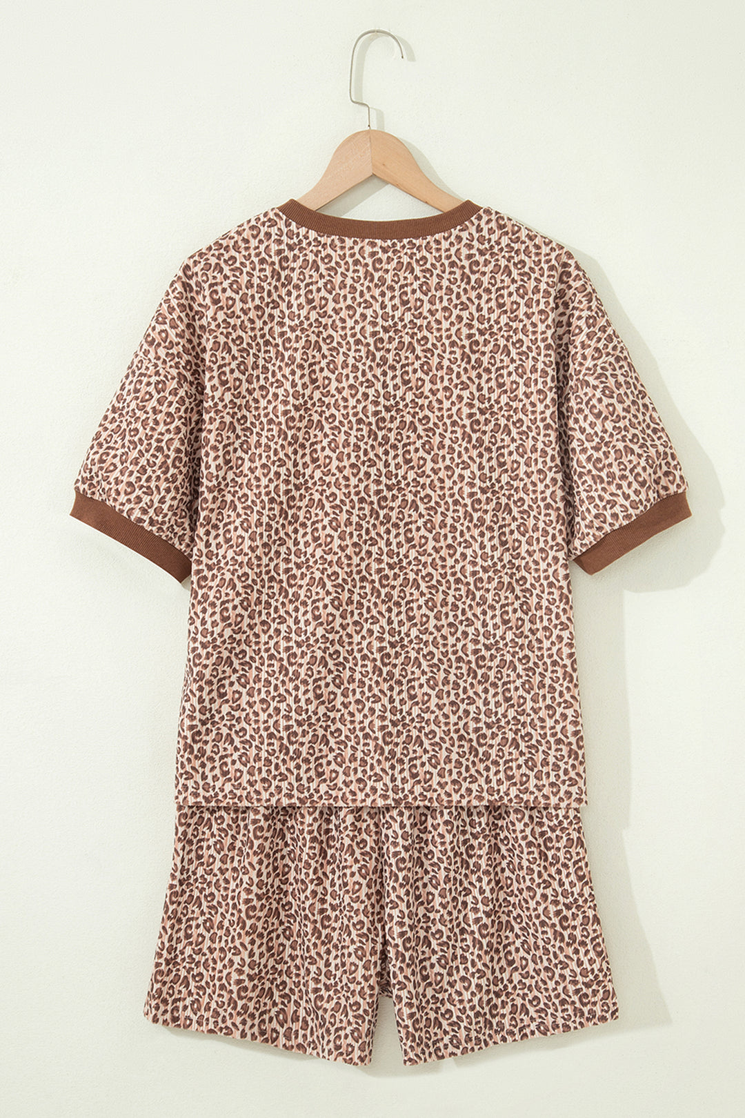 Brown Leopard Print Ribbed Patchwork Half Button Loose Tee Elastic Waist Short 2pcs Set