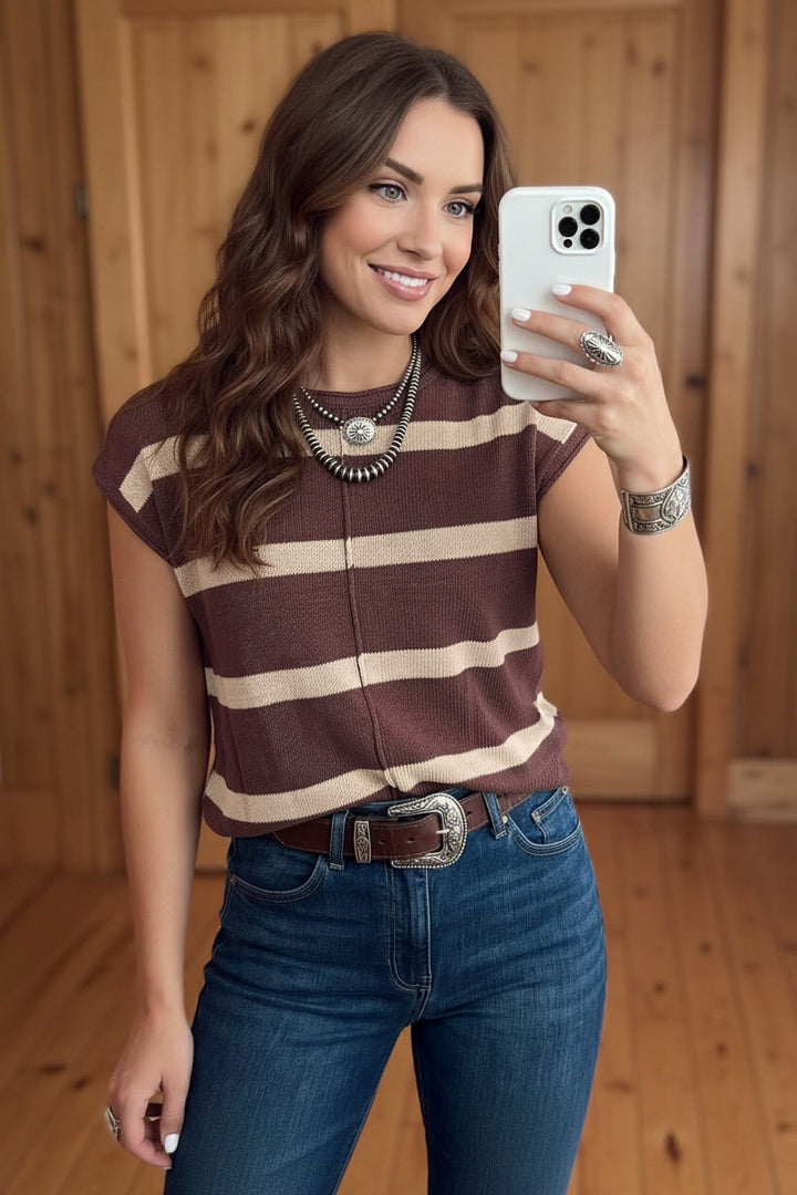 Brown Stripe Knit Western Short Sleeve Sweater