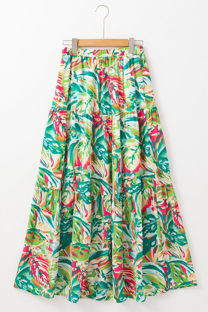 Green Abstract Printed High Waist Tiered Maxi Skirt | Women