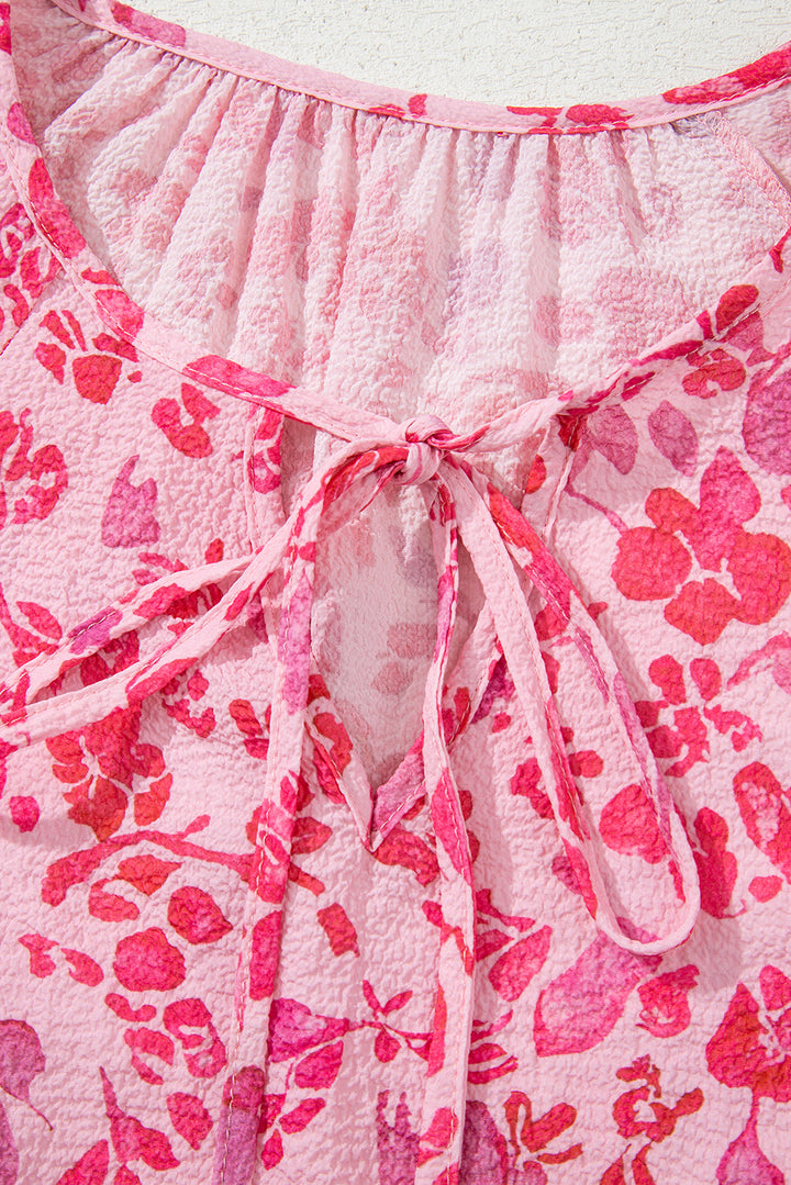 Pink Floral Puff Sleeve Split Neck Lightweight Blouse