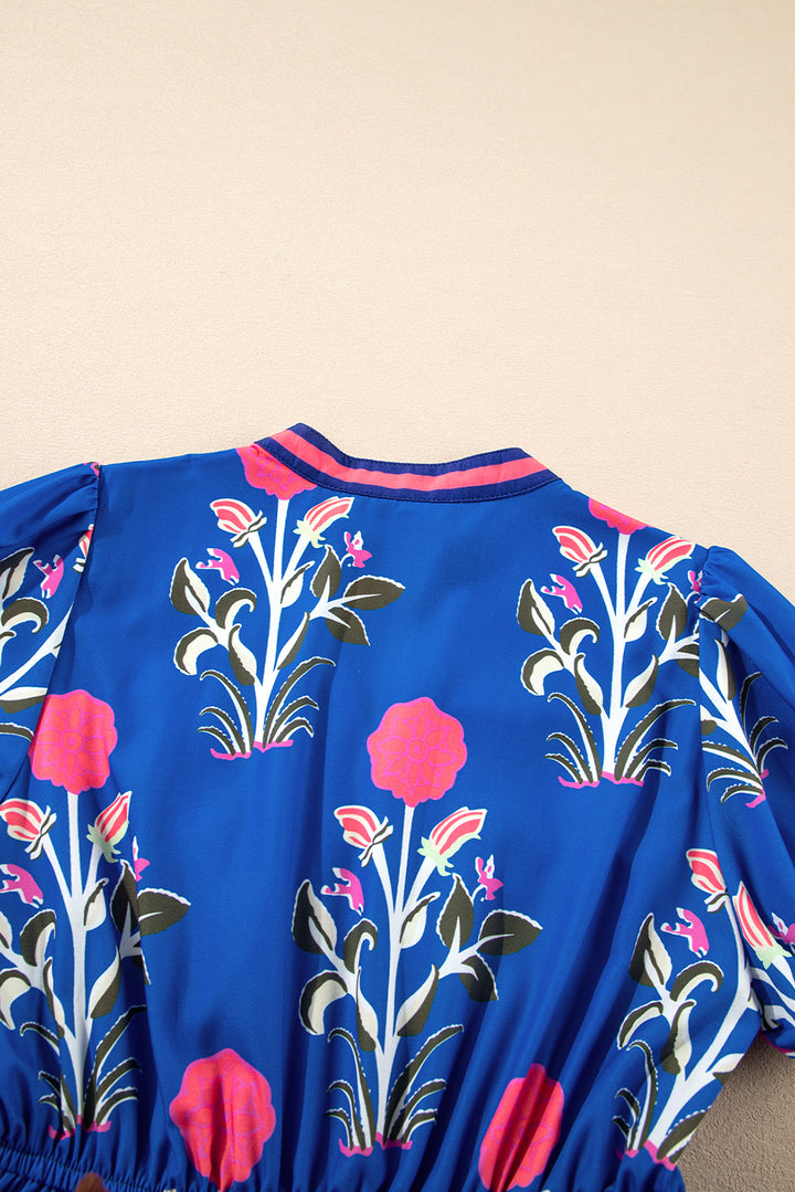 Sky Blue Floral Puff Short Sleeve V Neck High Waist Maxi Dress