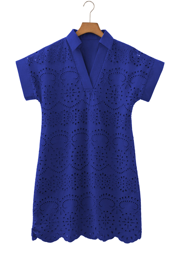 Black Solid Color Eyelet Embroidered T Shirt Mini Dress
