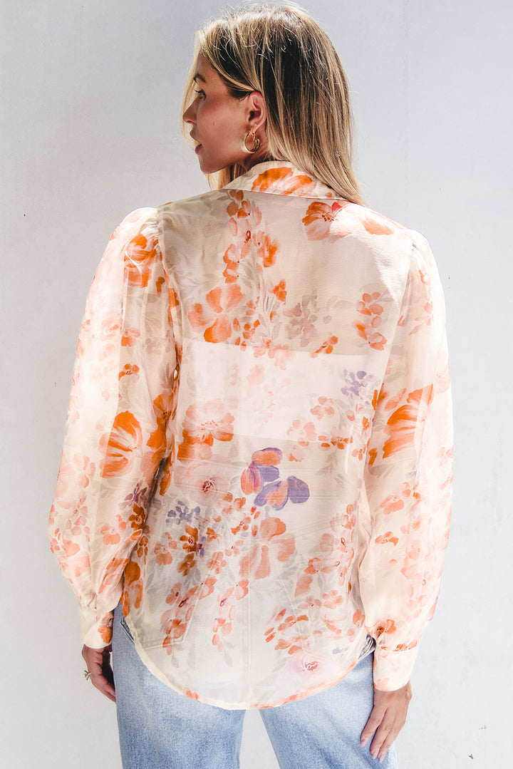 White Floral Print Collared Balloon Sleeve Loose Shirt | Women