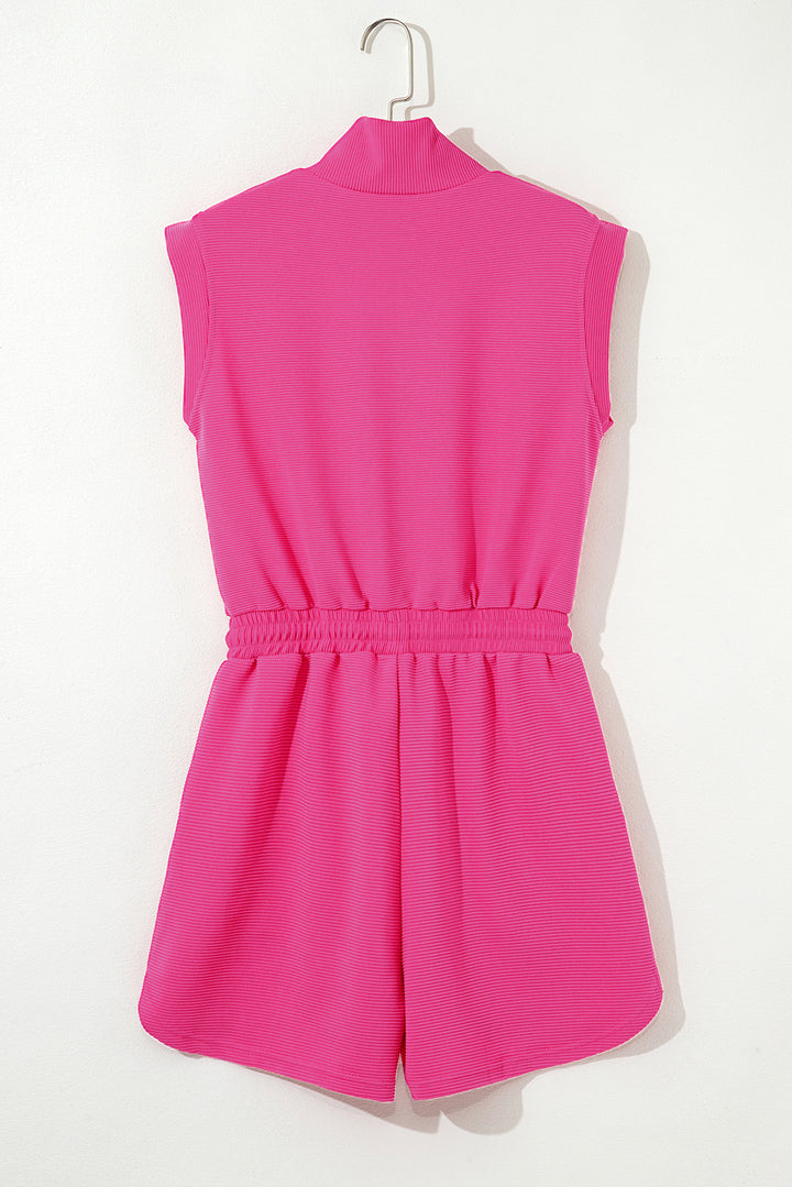 Rose Red Textured Short Sleeve Half Zip Drawstring Elastic Waistband Romper