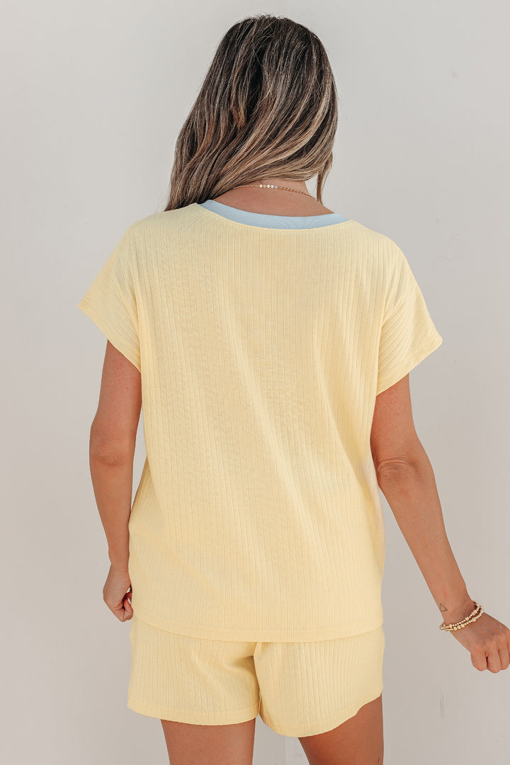 Mist Blue Soft Ribbed Color Block Trim Casual Short Set