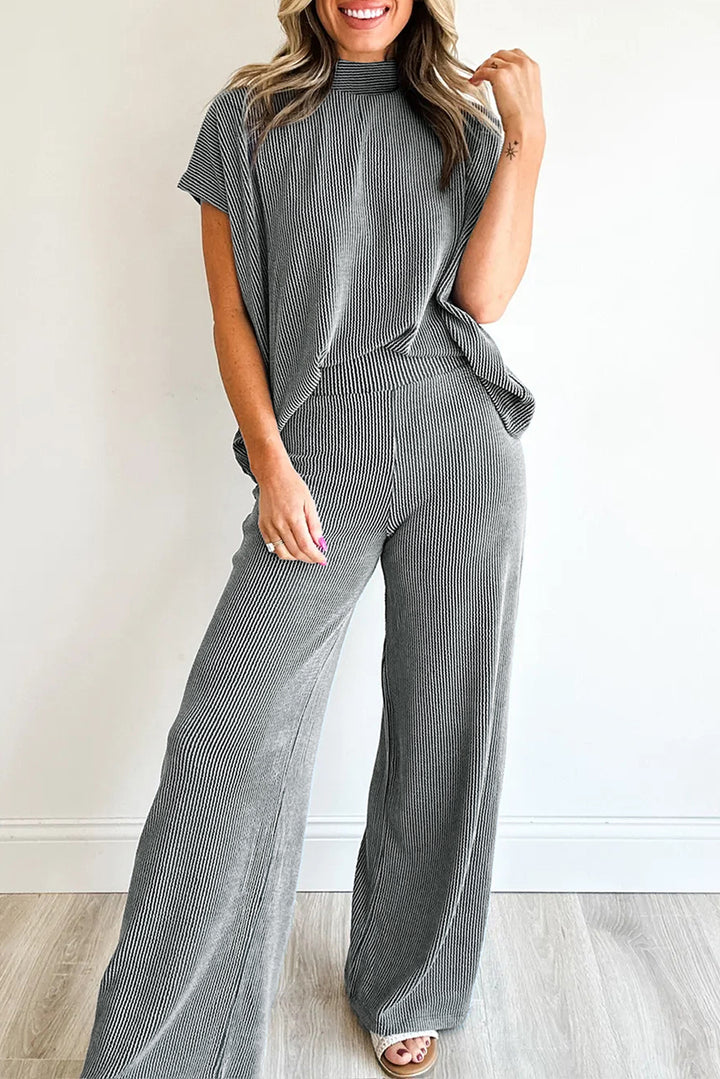 Dark Grey Twisted Ribbed High Neck Loose Tee Elastic High Waist Loose Pant Set