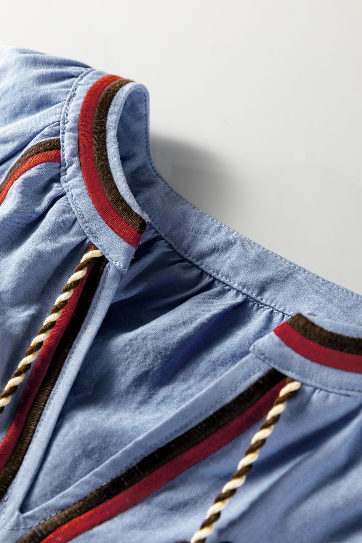 Real Teal Floral Embroidered Split Neck Tassel Tie Puff Sleeve Blouse