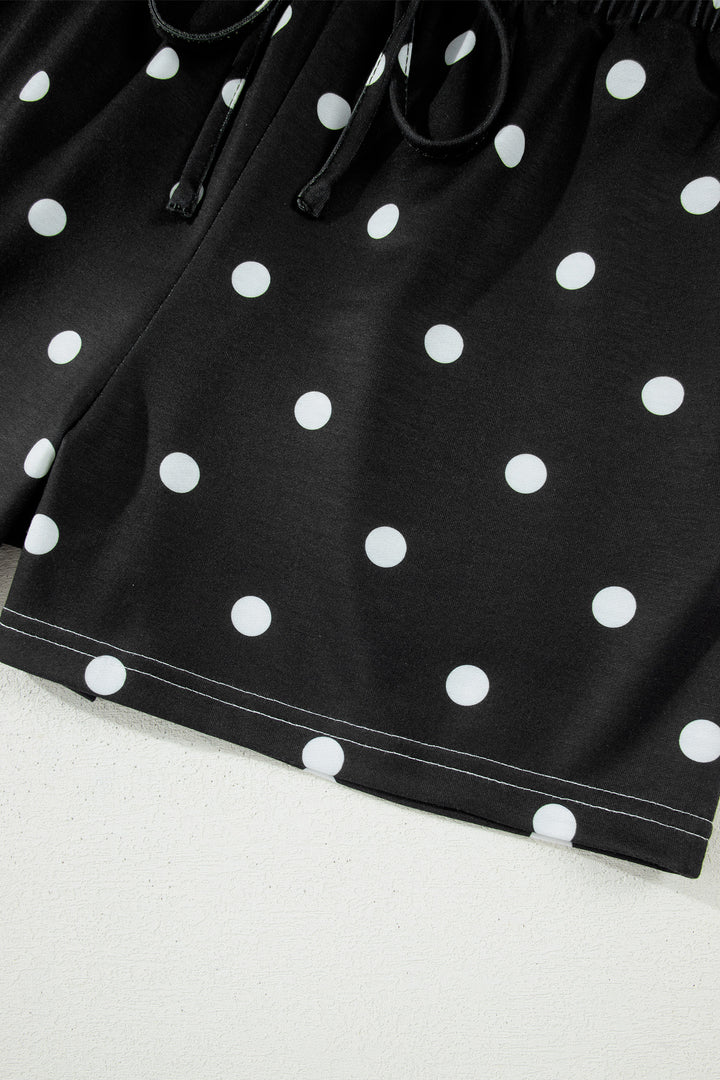Black Exposed Seam Detail Polka Dot Loose Tee Drawstring Shorts Set