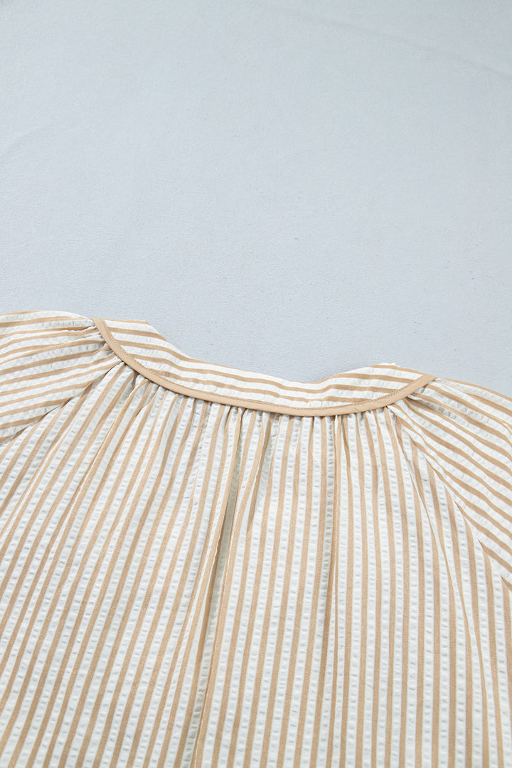 Khaki Stripe V Neck Floral Embroidered Long Sleeve Blouse