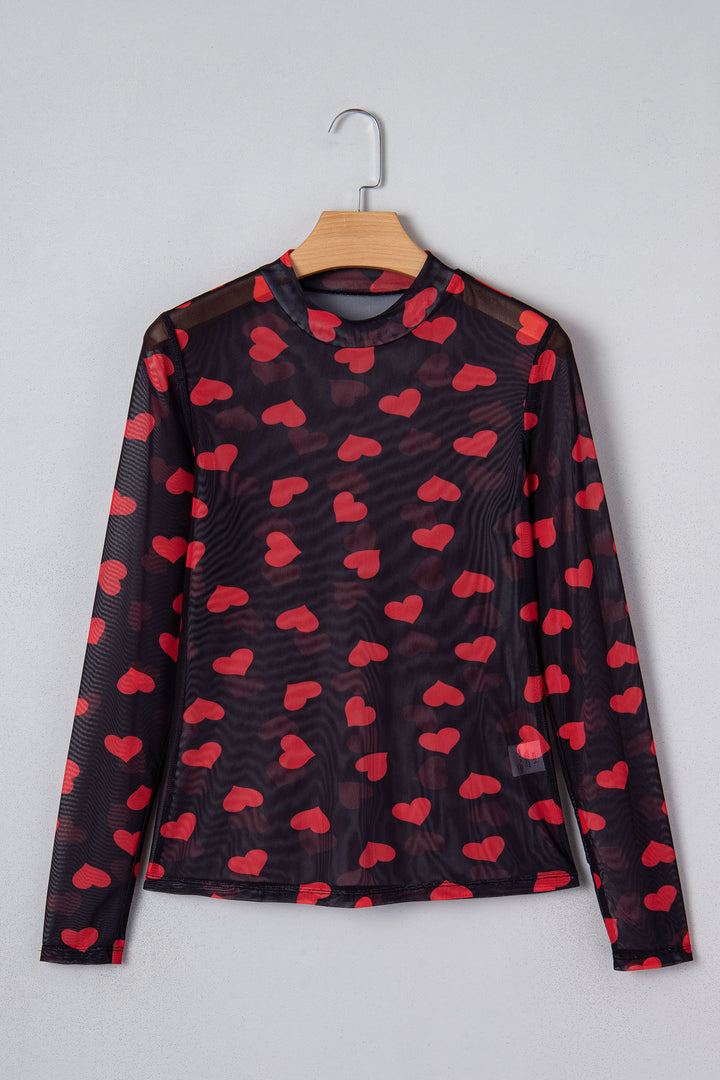 Black Valentines Heart Printed Sheer Mesh Long Sleeve Top
