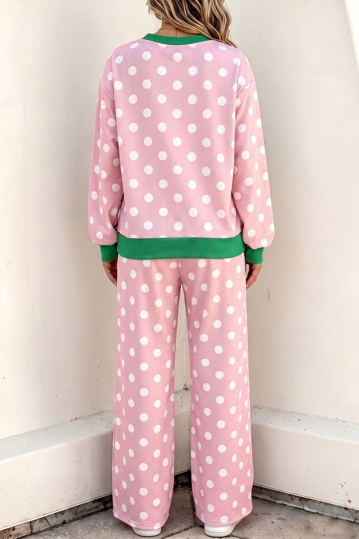 Khaki Polka Dot Contrast Trim Long Sleeve Top Drawstring Shift Pants Set