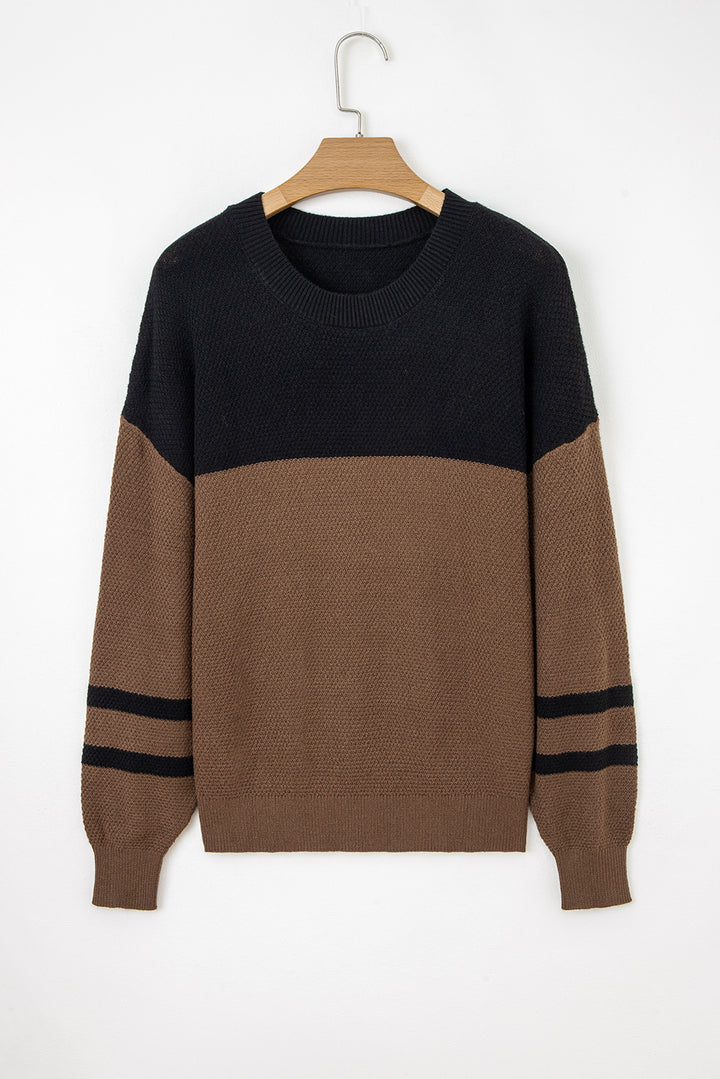 Dark Brown Color Block Knit Striped Sleeve Detail Casual Sweater