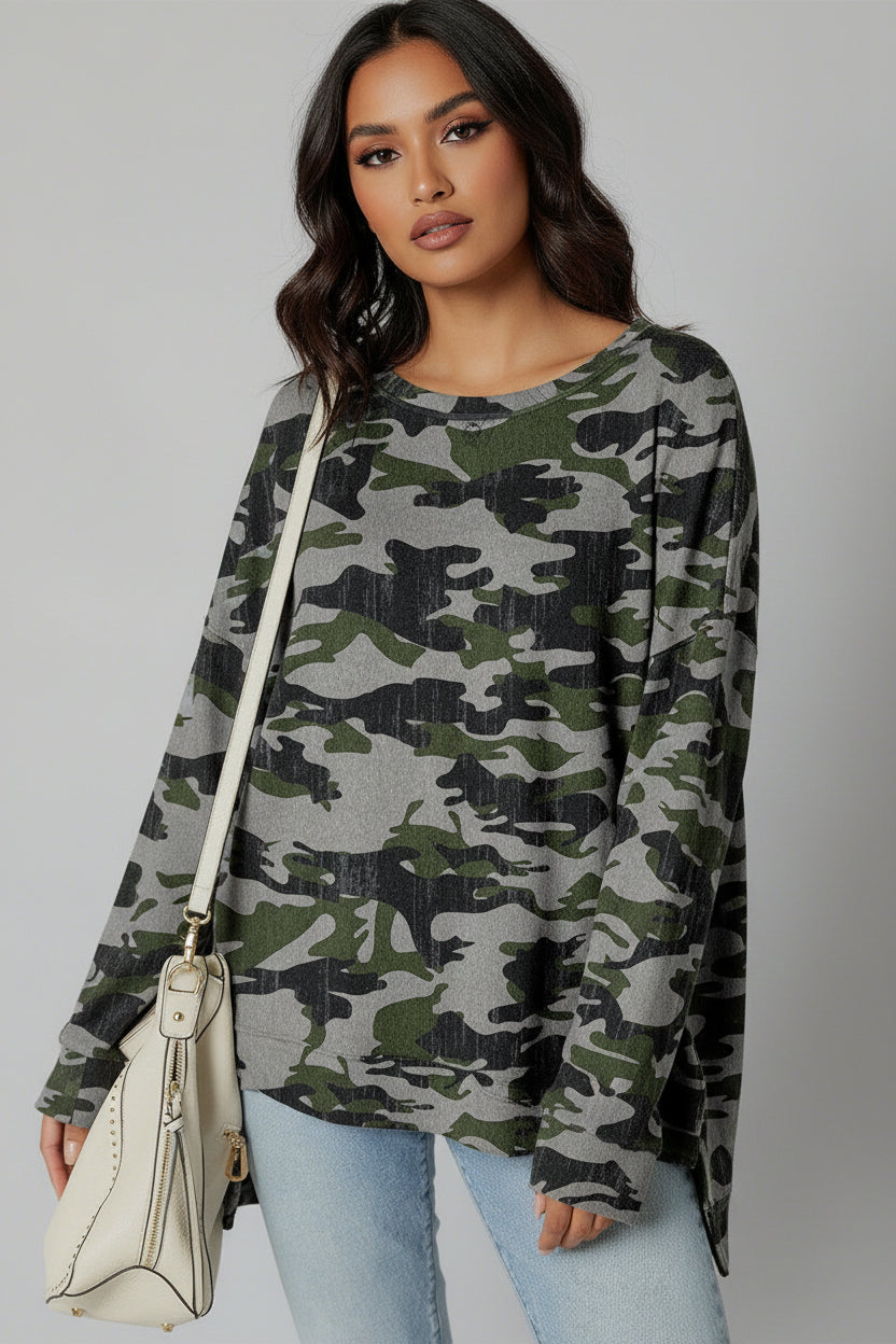 Green Retro Camouflage Print Exposed Seam Patchwork Drop Shoulder Sweatshirt