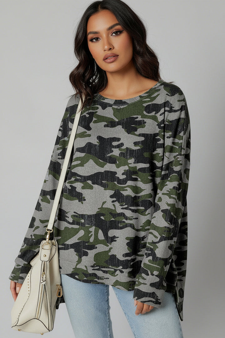 Green Retro Camouflage Print Exposed Seam Patchwork Drop Shoulder Sweatshirt