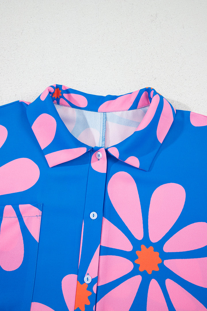 Blue Summer Flower Print Shirt Collar Button Front Loose Romper