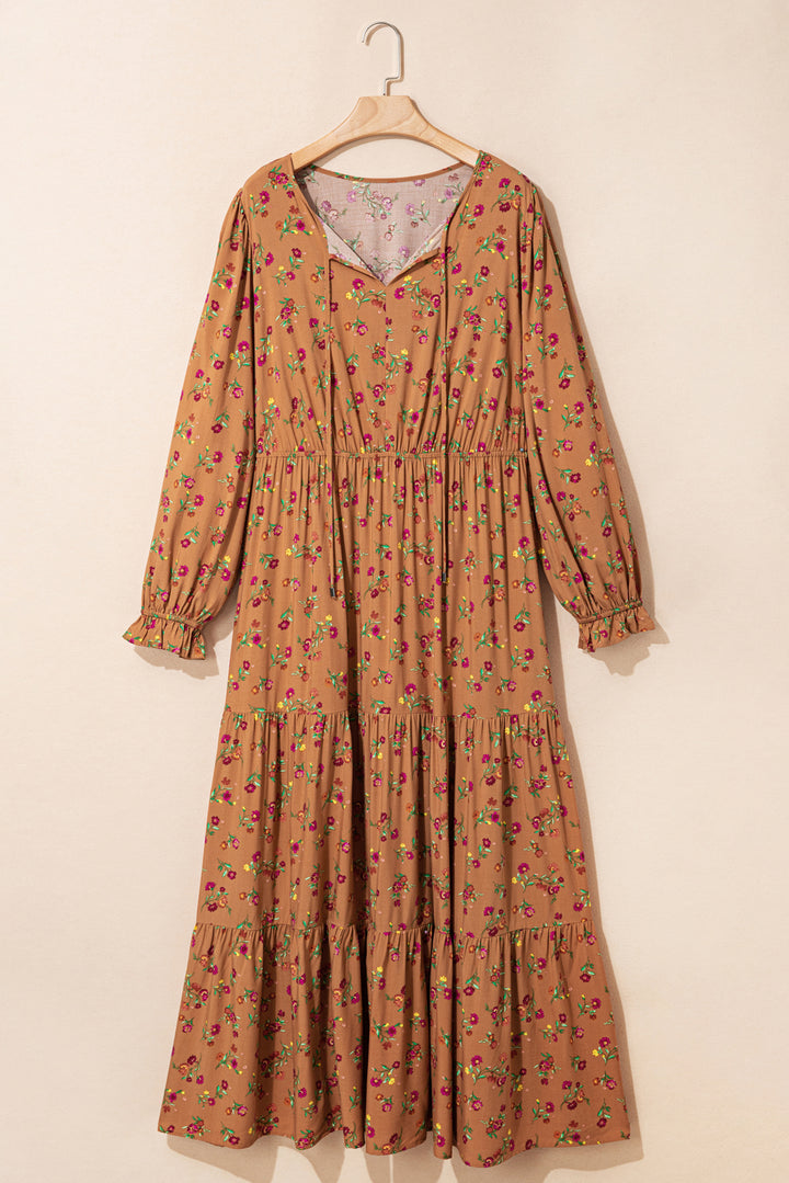 Brown Plus Size Floral Split V Neck Ruffled Sleeve Tiered Maxi Dress