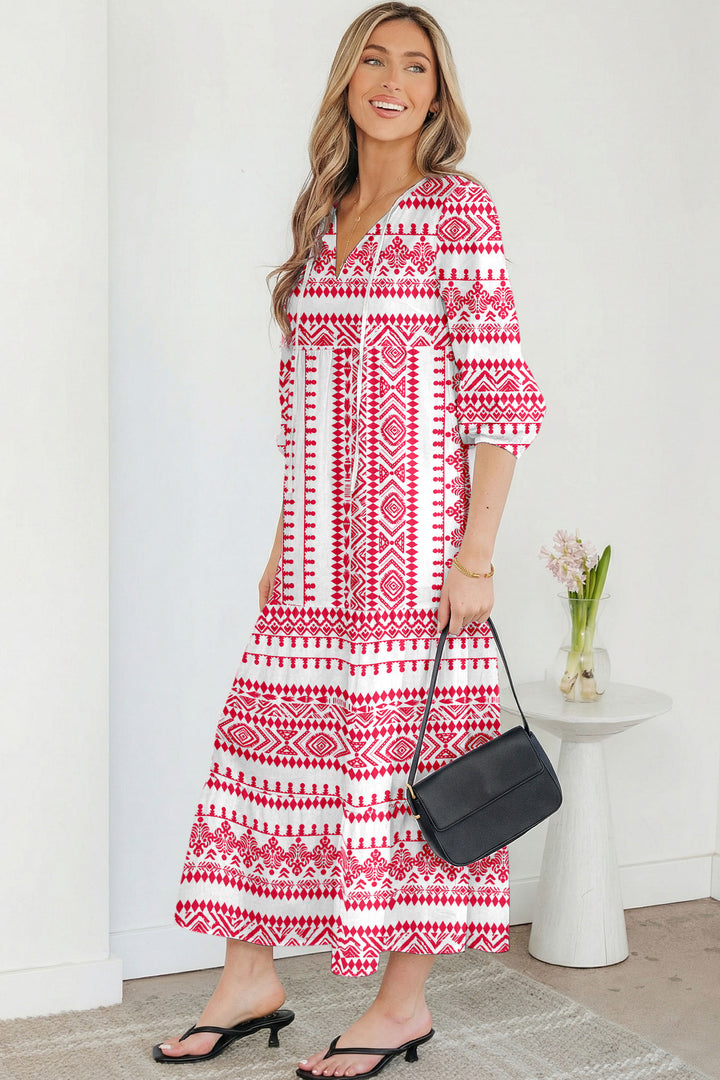 Red Boho Printed Half Sleeve Maxi Dress