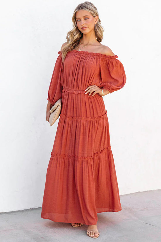 Orange Off Shoulder Balloon Sleeve Cutout Ruffled Maxi Dress  | Women