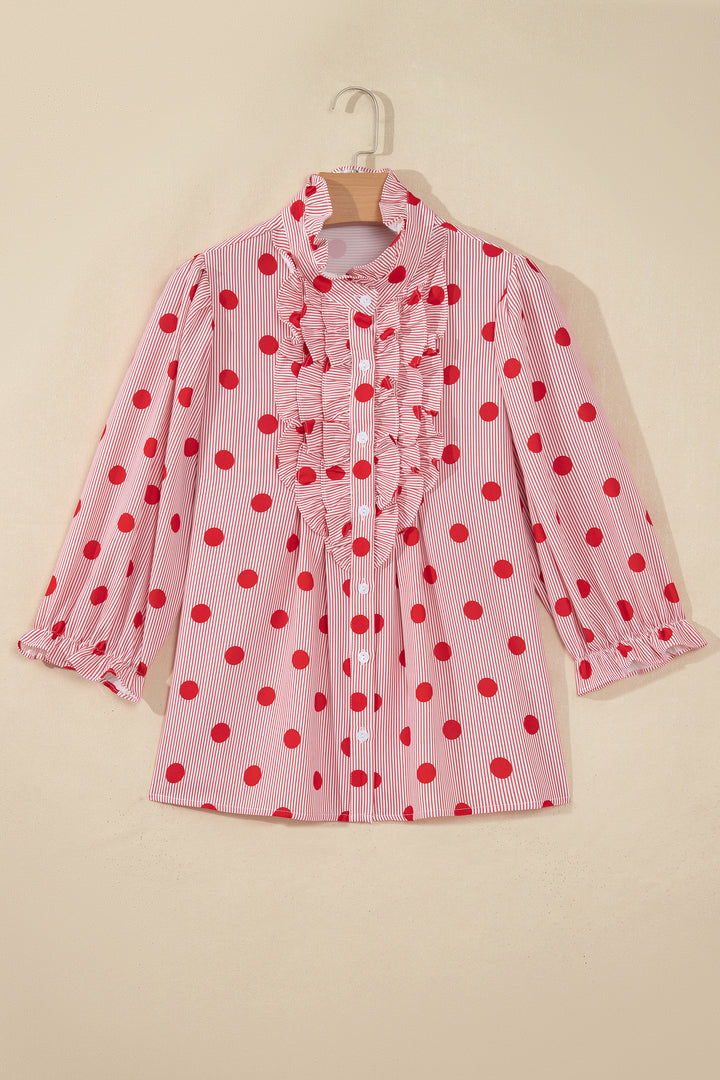 Fiery Red Polka Dot Striped Print Ruffle Stand Neck 3/4 Sleeve Shift Shirt